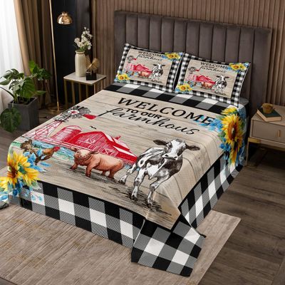 Erosebridal Rustic Farmhouse Bedspread Set, Windmill Gift Coverlet Set Twin Size, Cow Pig Chicken Farm Animal Quilt Set Western Vintage Wooden Board Barn Bedding Set Windmill Decor for Garden