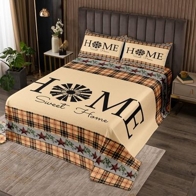 Erosebridal Primitive Country Farmhouse Quilt Set,Windmill Decor Bedspread Set King Tan Khaki Black Plaid Coverlet Set Western Vintage Bedding Set Rustic Farmhouse Bedroom Decor,2 Pillow Cases