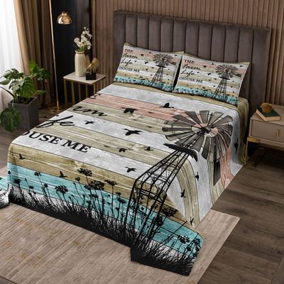 Farmhouse Coverlet Set King For Women, Rustic Windmill Decor Bedspread Set Barn Door Wooden Plank Quilt Set Western Vintage Cabin Bedding Set Farmhouse Decor Living Room, With 2 Pillow Cases