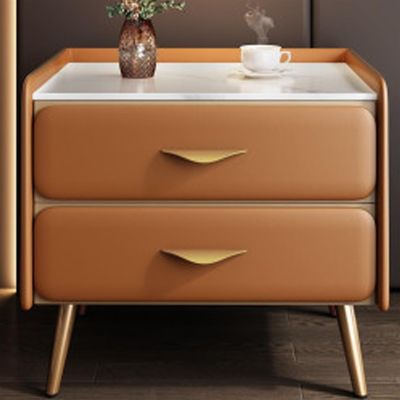 PERTID Functional and Stylish Wooden Nightstand with Two Drawers Side Table Metal Legs for Bedroom Living Room, Bedside Furniture (Color : Orange, Size : 45cm)