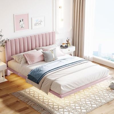 anwickjeff Modern Queen Size Velvet Upholstered Bed Frame with Smart Led Light and Headboard, Floating Bed Frame Queen Size for Kids, Smart Bed, Bedroom Sets (Pink)