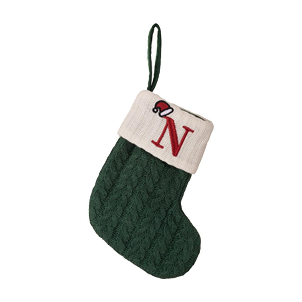 7 Inches Mini Christmas Stocking, White/Green/Red Initial Monogram Embroidered Lettetr Christmas Decor Stocking, Personalized Knit Mini Xmas Stocking for Family Holiday Xmas Tree Decor (Green-N)
