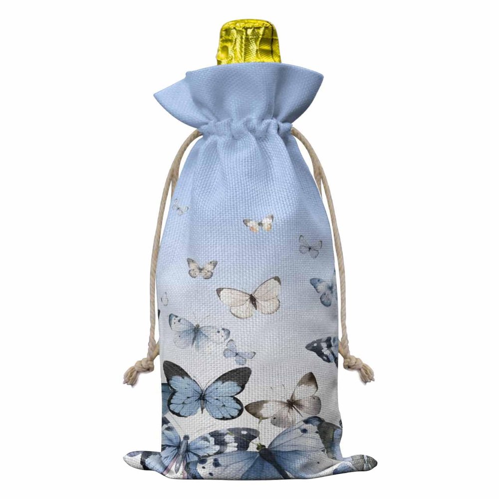 1 PCS Wine Bottle Bags, Elegant Butter-fly Wine Bottle Cover with Drawstring, Country Rustic Vintage Farmhouse Sky Blue Gift Bag for Champagne, Wedding, Birthday, Party