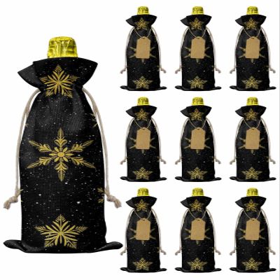 10 Pack Wine Bottle Bags, Christmas Snowflake Wine Bottle Cover with Drawstring, Gold Black Xmas Winter Holiday Gift Bag for Champagne, Wedding, Birthday, Party