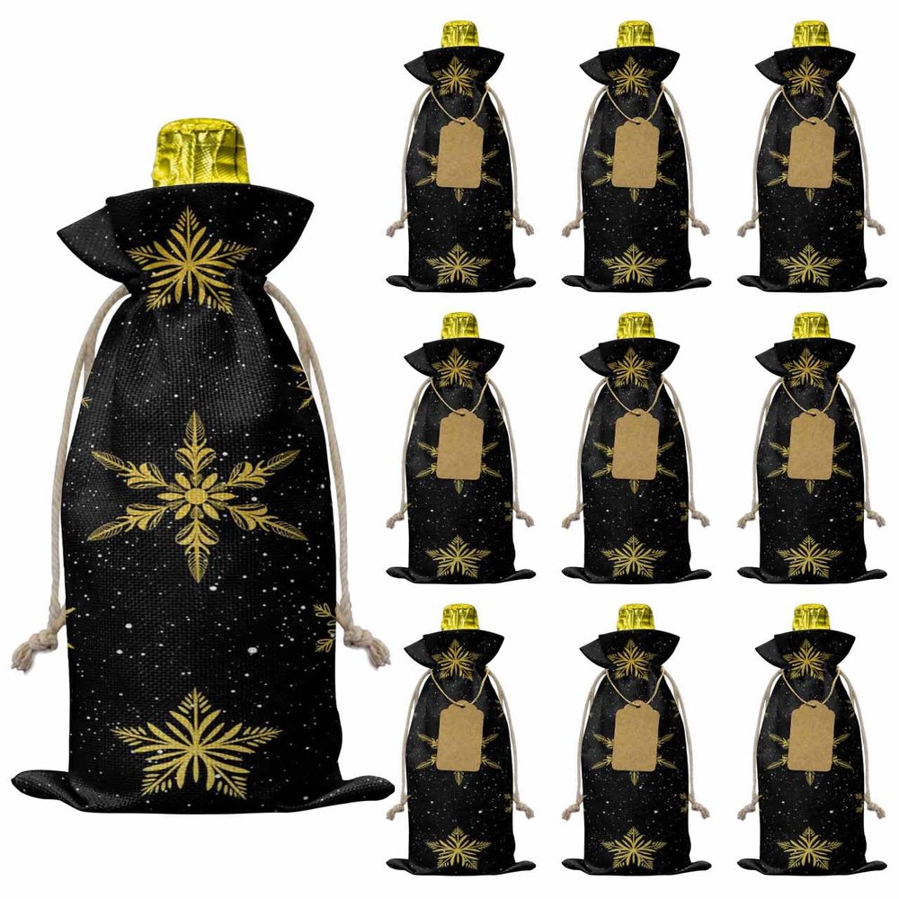 10 Pack Wine Bottle Bags, Christmas Snowflake Wine Bottle Cover with Drawstring, Gold Black Xmas Winter Holiday Gift Bag for Champagne, Wedding, Birthday, Party