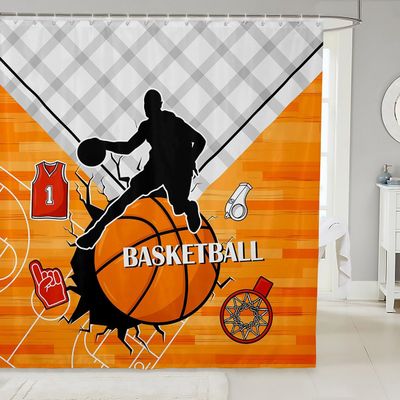 Basketball Kids Shower Curtains,Basketball Field Geometric Grids Bathroom Curtains for Boys Girls Adults,Sports Competition Fashion Orange Waterproof Curtains,12 Hooks Suits,72" W x 78" L