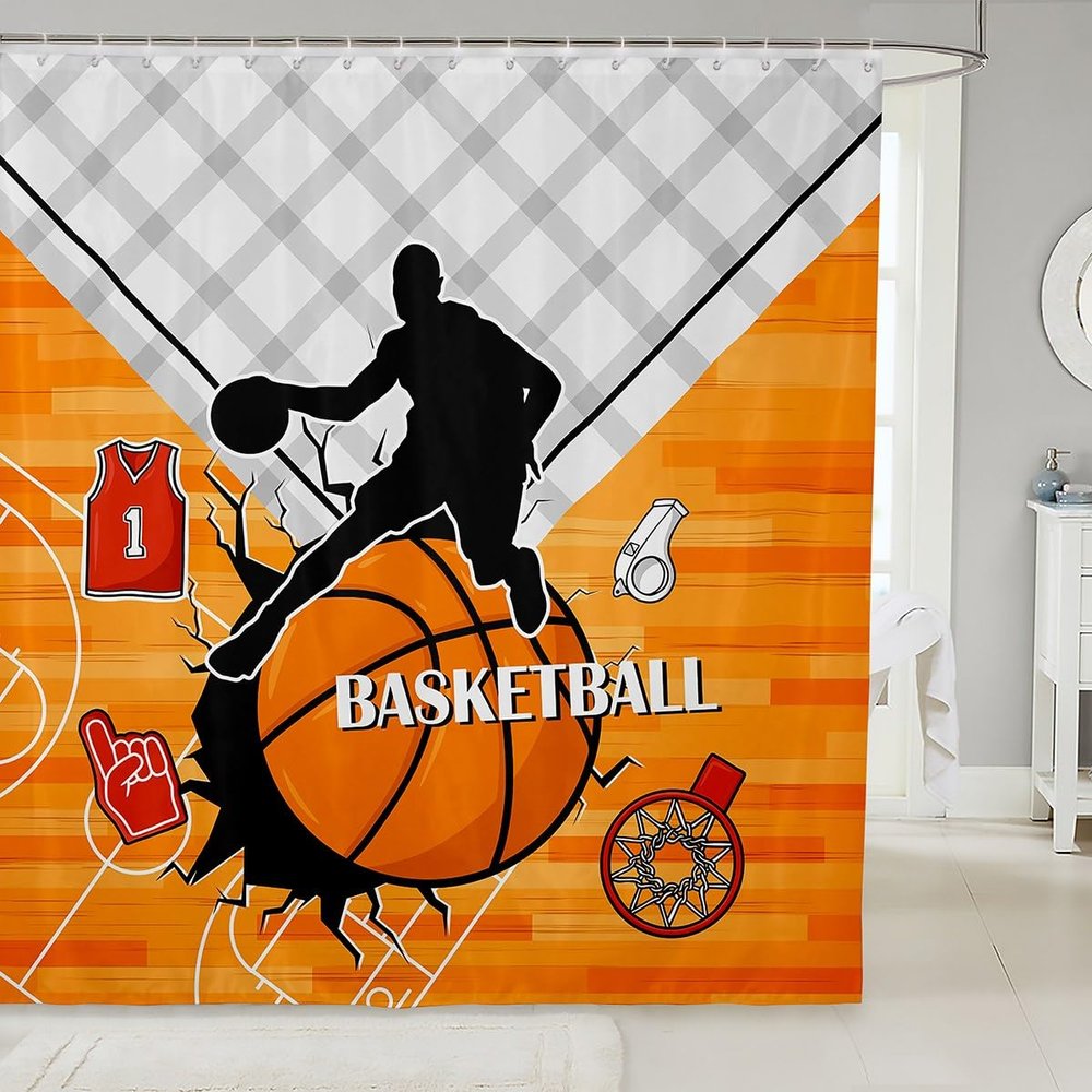 Basketball Kids Shower Curtains,Basketball Field Geometric Grids Bathroom Curtains for Boys Girls Adults,Sports Competition Fashion Orange Waterproof Curtains,12 Hooks Suits,72" W x 78" L