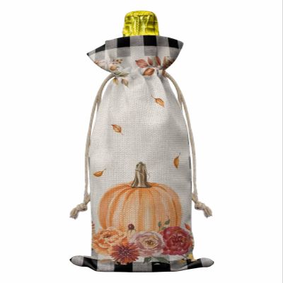 1 PCS Wine Bottle Bags, Fall Thanksgiving Wine Bottle Cover with Drawstring, Autumn Pumpkin Flower Leaves Plaid Check Gift Bag for Champagne, Wedding, Birthday, Party