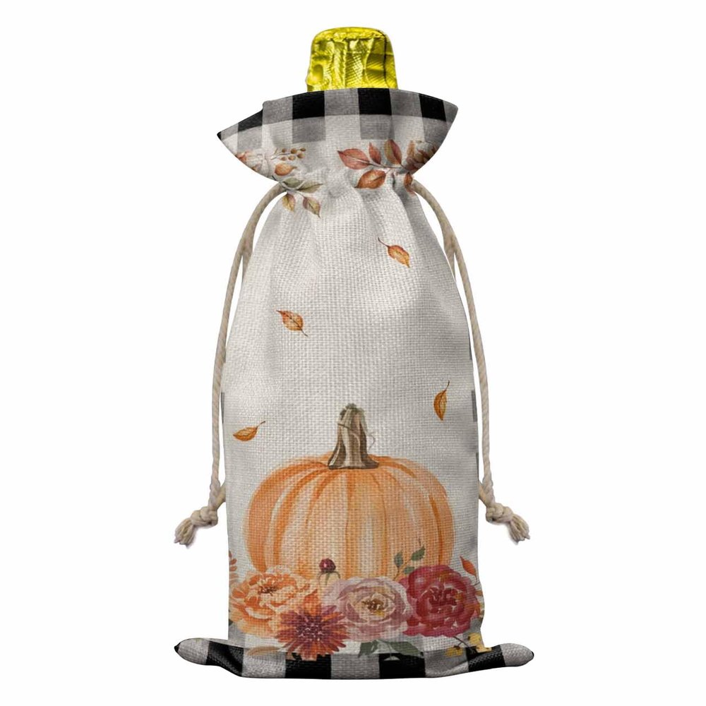 1 PCS Wine Bottle Bags, Fall Thanksgiving Wine Bottle Cover with Drawstring, Autumn Pumpkin Flower Leaves Plaid Check Gift Bag for Champagne, Wedding, Birthday, Party