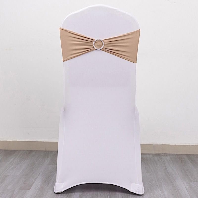 Balsa Circle 10 Nude Spandex Chair Sashes with Silver Round Buckle - Wedding Party Ceremony Reception Decorations Supplies