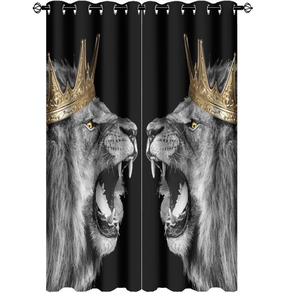 African Wild Animal Black Lion Curtains for Bedroom - Cool Gold Crown Design Wildlife Angry Lion Window Treatment,Energy Saving Thermal Insulated Grommet Top Blackout Curtains 63L x 21W 2 Panels