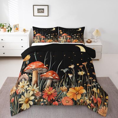 Mushroom Comforter Set Full Size Red Mushroom Print Bedding for Boys Girls Natural Wild Fungus Bedding Comforter Sets Boho Butterfly Decor Duvet Insert Bohemain Botanical Plants Mushroom Quilt 3 Pcs
