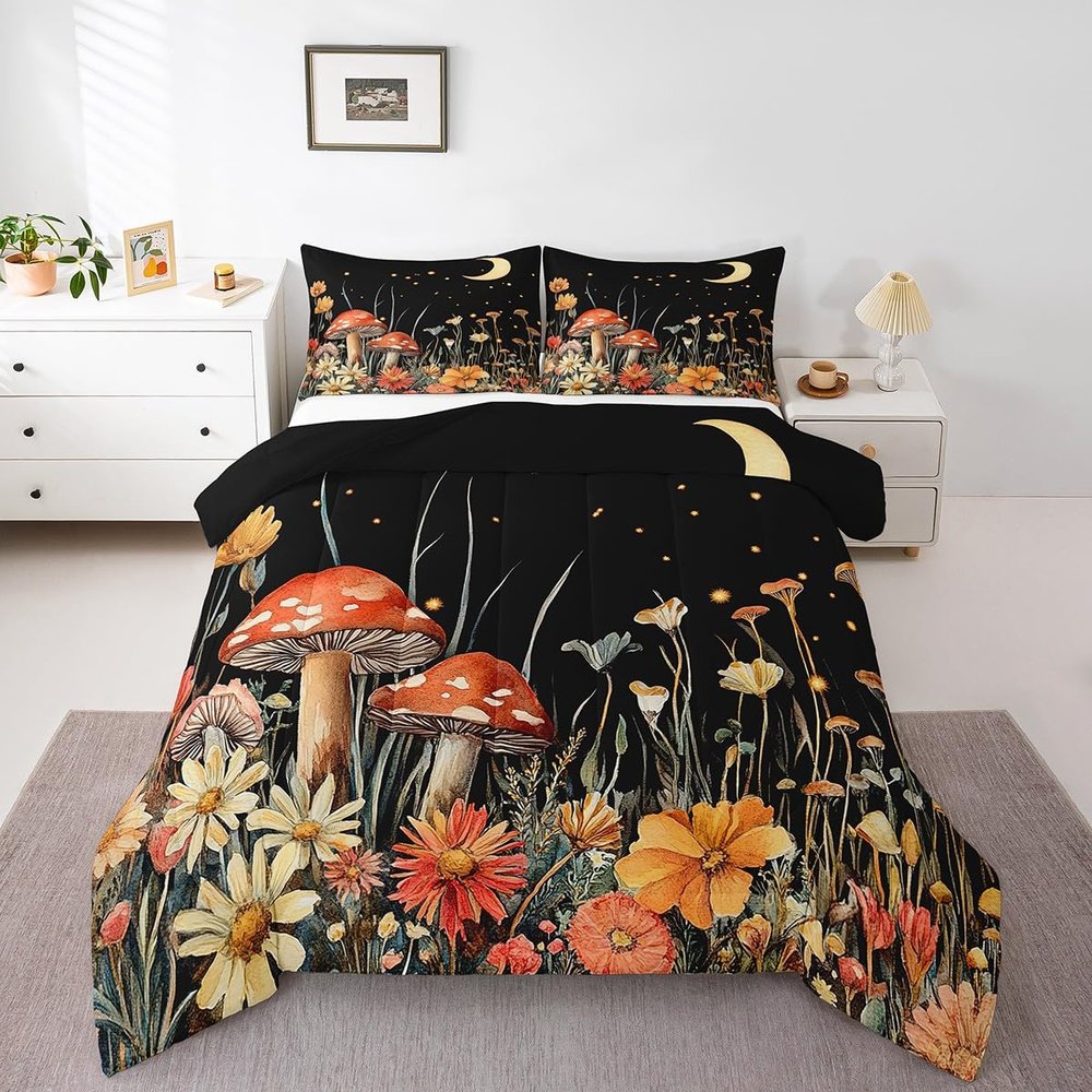 Mushroom Comforter Set Full Size Red Mushroom Print Bedding for Boys Girls Natural Wild Fungus Bedding Comforter Sets Boho Butterfly Decor Duvet Insert Bohemain Botanical Plants Mushroom Quilt 3 Pcs