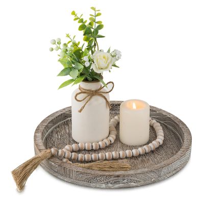 Hanobe Candle Plate Holder Tray: Decorative Wooden Tray Rustic Round Plate Farmhouse Centerpiece Small Candle Holder Trays for Coffee Table Living Room Kitchen Vintage Home Decor