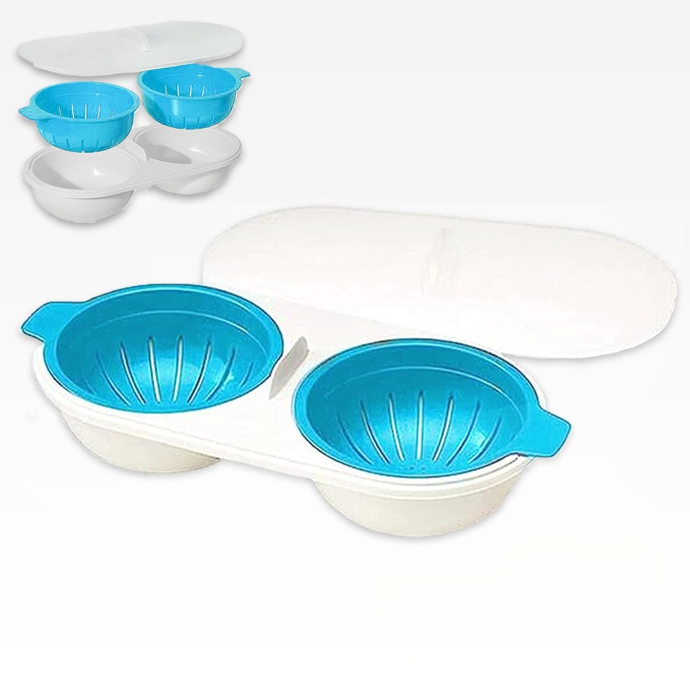 Egg Boiler for Microwave, Perfect Double Egg Poacher, Egg Boiler Cups, Draining egg boiler, Microwave eggs poacher, Double Egg Cups for Boiled Eggs, Egg Boiler Set, Blue
