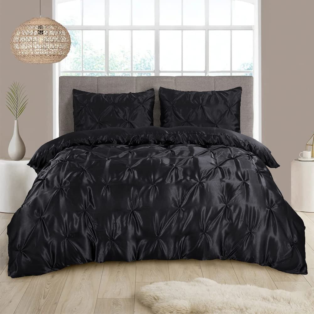 5 Pieces Satin Duvet Cover Twin-XL Size Set, Luxury Silky Like Black Duvet Cover Bedding Set with Zipper Closure, only 1 Duvet Cover with 4 Pillow Shams (Black,Twin-XL (68''x90''))