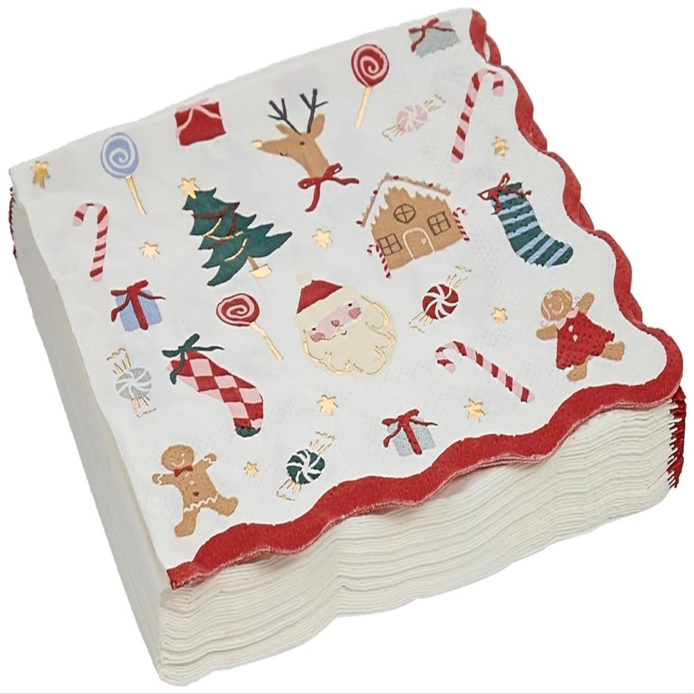 Meri Meri Christmas Paper Napkins (Pack of 16), Square Christmas Napkins Disposable, Thick & Absorbent 3-Ply Paper, Wavy Border