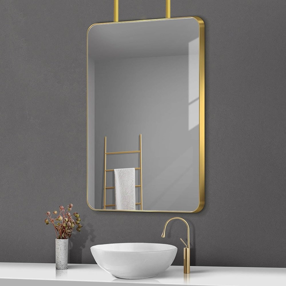 Gaommini Vanity/Makeup Mirror Ceiling Hanging Rod Mirror with Double Boom, Gold Metal Frame Mirrors for Bathroom Entry Living Room Mounted Mirror for Ceiling - Rectangle (Size : 40cmx60cm)
