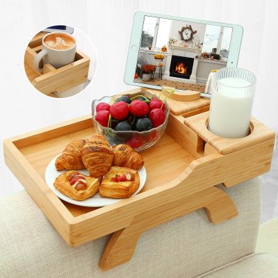 GHKINMAL Bamboo Couch Cup Holder, 4 in 1 Couch Arm Trays with 360Rotated Phone Holder, Non-Slip Clip on Side Table for Drinks/Remote/Snacks, Ideal Gift for Husband, Wife, Parents