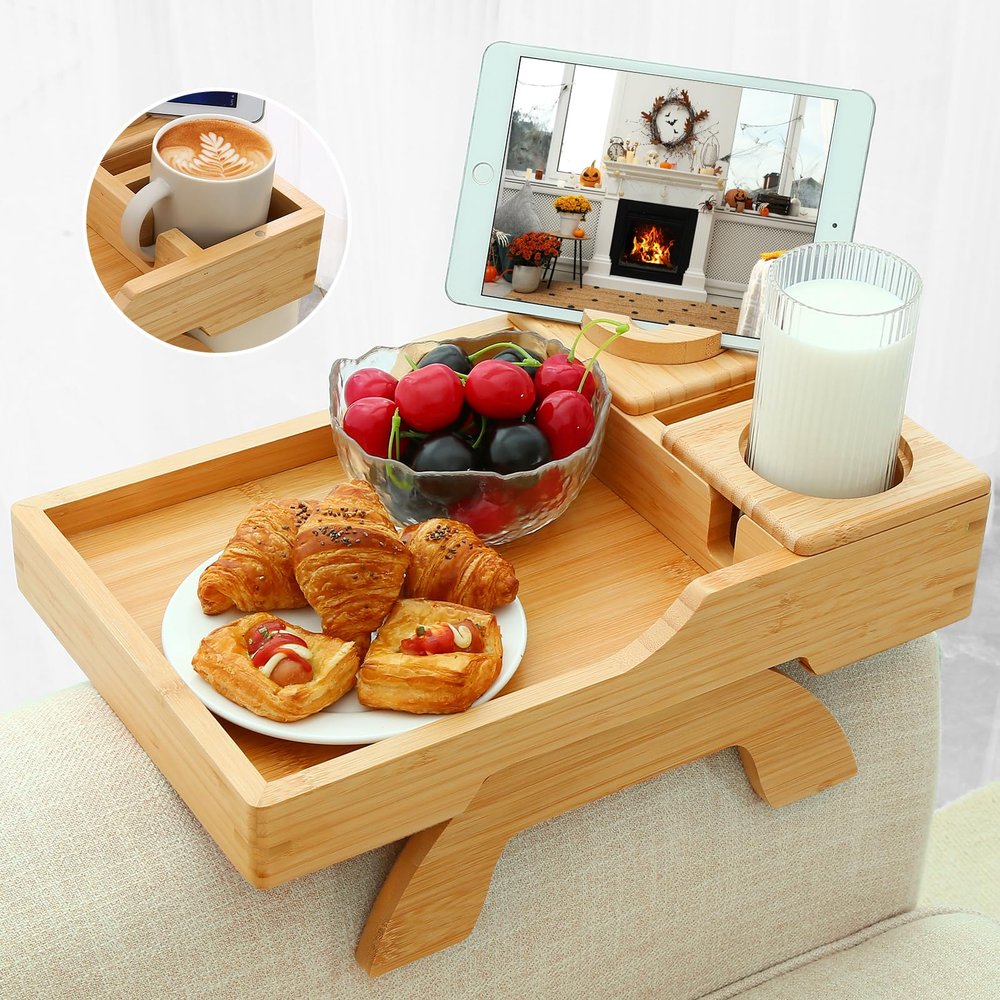 GHKINMAL Bamboo Couch Cup Holder, 4 in 1 Couch Arm Trays with 360Rotated Phone Holder, Non-Slip Clip on Side Table for Drinks/Remote/Snacks, Ideal Gift for Husband, Wife, Parents