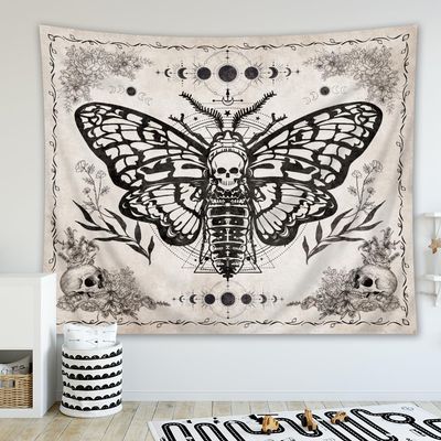 Homewelle Skull Moth Tapestry Gothic Wall Art 59Wx51H Inch Vintage Butterfly Skeleton Floral Moon Phase Witchy Crescent Astrology Mystic Black Beige Wall Hanging Bedroom Living Room Dorm Decor Fabric