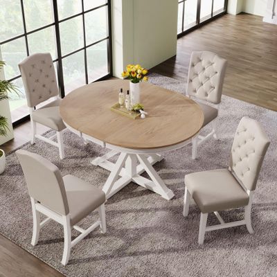 P PURLOVE Retro Style 5-Piece Round Dining Table Set for 4,Extendable Round Dining Table with 4 Upholstered Chairs for 4,Dining Room Table Set for Dining Room,Living Room