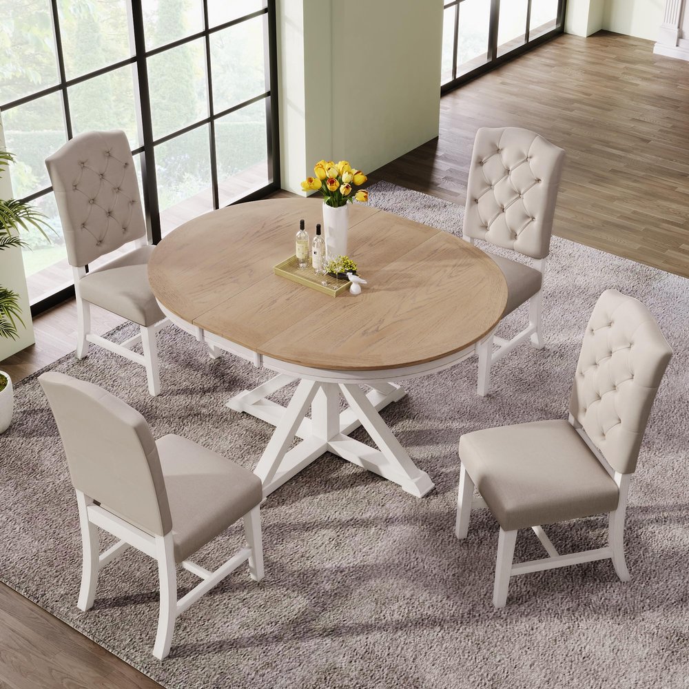 P PURLOVE Retro Style 5-Piece Round Dining Table Set for 4,Extendable Round Dining Table with 4 Upholstered Chairs for 4,Dining Room Table Set for Dining Room,Living Room
