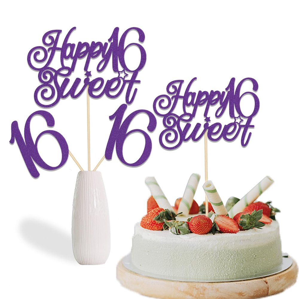 12Pcs Happy Sweet 16 Centerpiece Sticks 16th Birthday Decoration Sticks Hello 16 Centerpieces for Tables Funny 16th Birthday Anniversary Party Supplies Purple Glitter