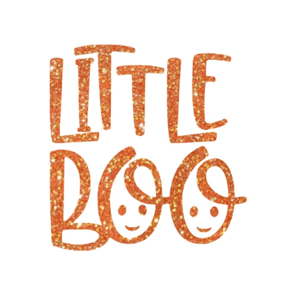 Little Boo Iron On Transfer for Halloween Shirt Decal, Orange Glitter