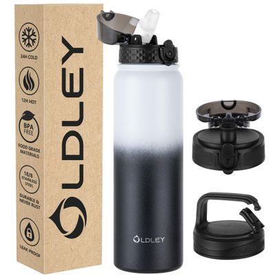 Oldley Insulated Water Bottle 32oz Water Bottles with Straw, Stainless Steel Water Bottle with 3 Lids, Double Wall Vacuum Thermo for Adults Kids,Leak-Proof Sport Bottles for School Travel, White Black