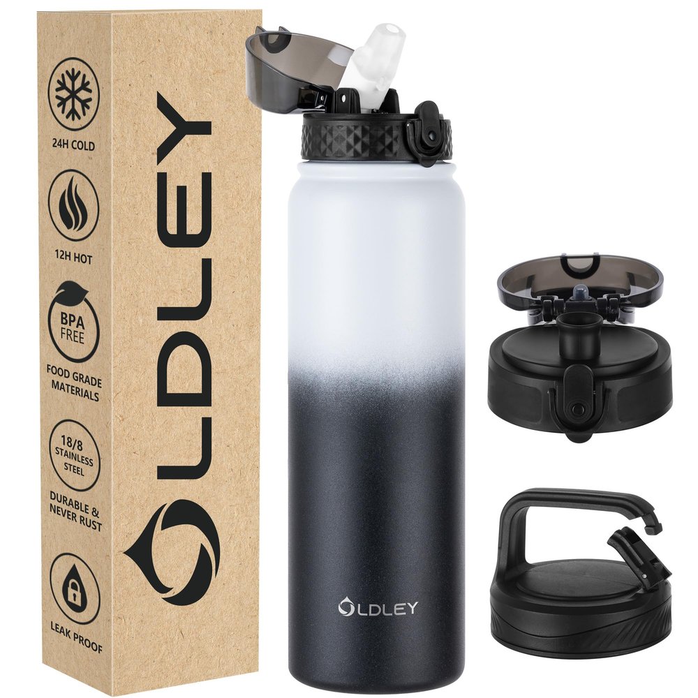 Oldley Insulated Water Bottle 32oz Water Bottles with Straw, Stainless Steel Water Bottle with 3 Lids, Double Wall Vacuum Thermo for Adults Kids,Leak-Proof Sport Bottles for School Travel, White Black