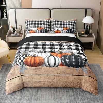 100% Cotton Fall Pumpkins Thanksgiving Bedding Queen, Black White Buffalo Plaid Duvet Cover, Rustic Farmhouse Wooden Board Comforter Cover for Adults Women Men, Happy Autumn Fall Quilt Cover Brown