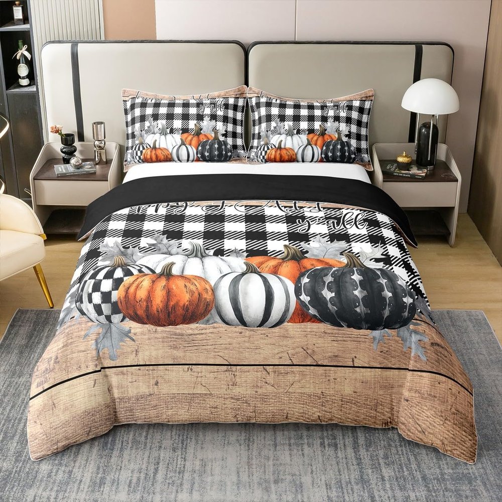 100% Cotton Fall Pumpkins Thanksgiving Bedding Queen, Black White Buffalo Plaid Duvet Cover, Rustic Farmhouse Wooden Board Comforter Cover for Adults Women Men, Happy Autumn Fall Quilt Cover Brown