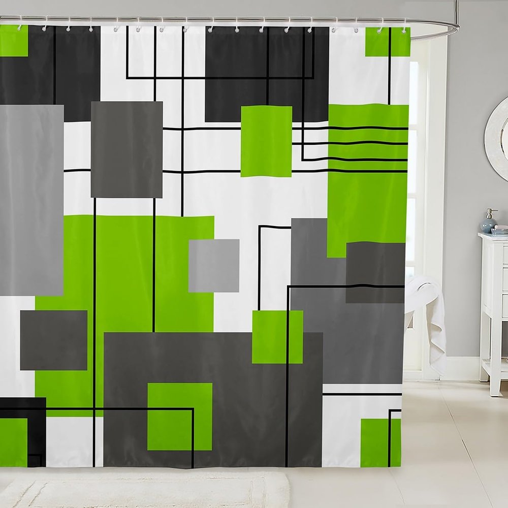 Erosebridal Lime Green Gray Geometric Shower Curtain 72" Wx78 L Black Grey White Square Bath Curtains for Kids Boys Girls Abstract Striped Bathroom Curtain Modern Simple Lines 12 Hooks