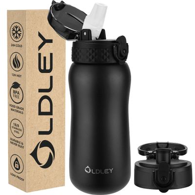 Oldley Insulated Water Bottle 12oz Water Bottles with Straw, Stainless Steel Water Bottle with 2 Lids, Double Wall Vacuum Bottels for Adults Kids, Leak-Proof Sport Bottles for School Travel, Black