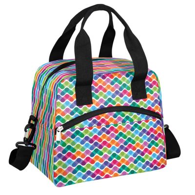 bisibuy Geometric Colorful Pattern Lunch Bag for Women Men Leakproof Insulated Lunch Box Abstract Reusable Cooler Tote with Front Pocket and Adjustable Shoulder Strap for Work Picnic Travel