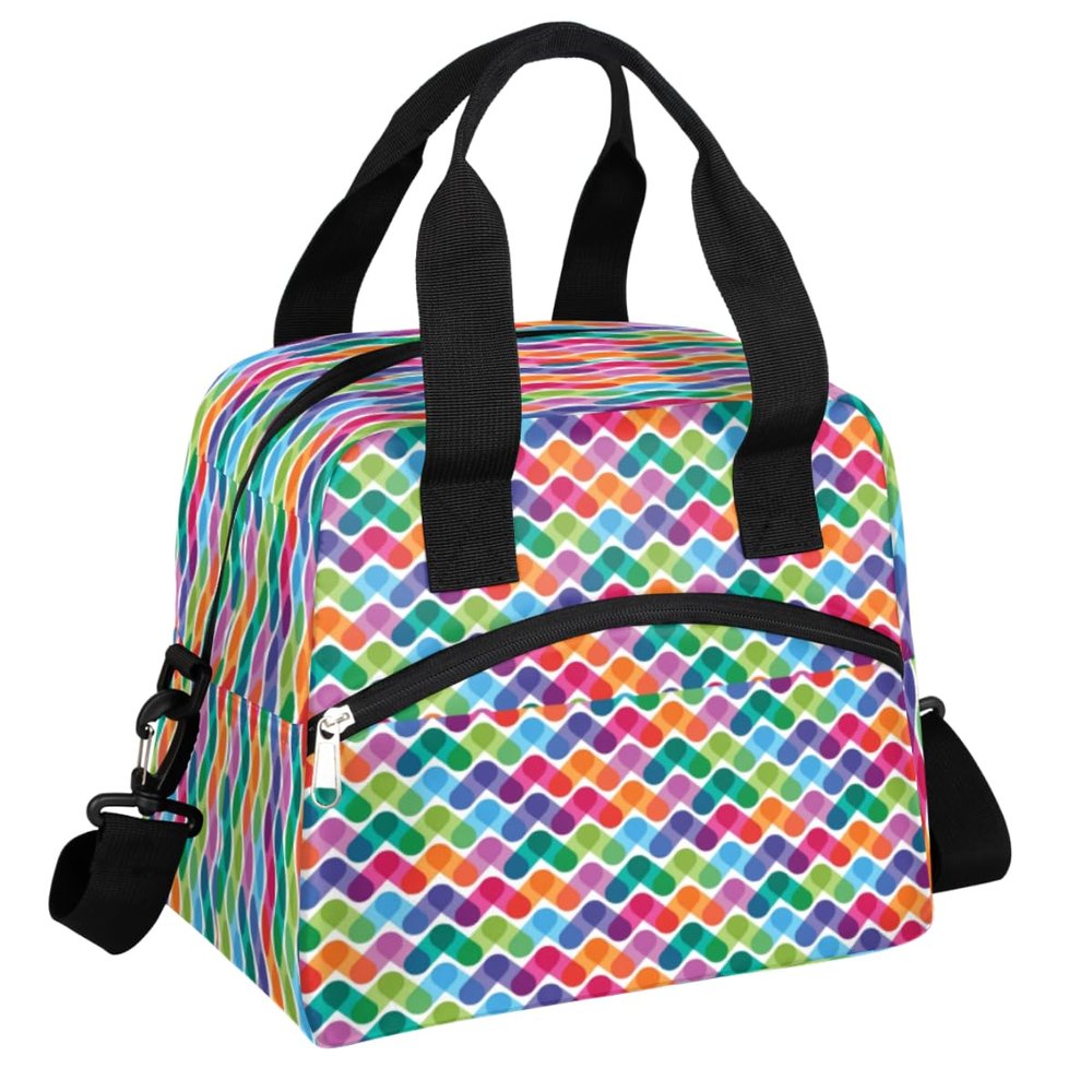 bisibuy Geometric Colorful Pattern Lunch Bag for Women Men Leakproof Insulated Lunch Box Abstract Reusable Cooler Tote with Front Pocket and Adjustable Shoulder Strap for Work Picnic Travel