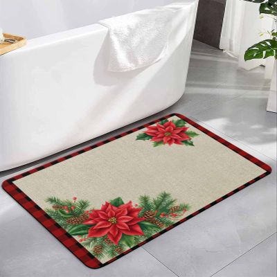 Christmas Holly Bath Mat for Tub,Non Slip Bathroom Floor Runner Rug Quick Dry & Absorbent Diatomaceous Earth Kitchen Shower Sink Washable Doormat,Xmas Pine Poinsettia Rustic Retro Plaid Red 18"x30"