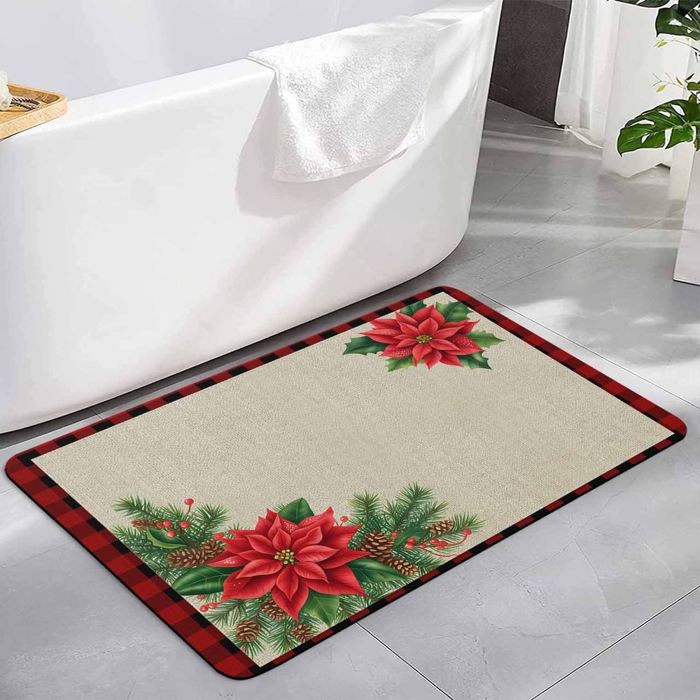Christmas Holly Bath Mat for Tub,Non Slip Bathroom Floor Runner Rug Quick Dry & Absorbent Diatomaceous Earth Kitchen Shower Sink Washable Doormat,Xmas Pine Poinsettia Rustic Retro Plaid Red 18"x30"