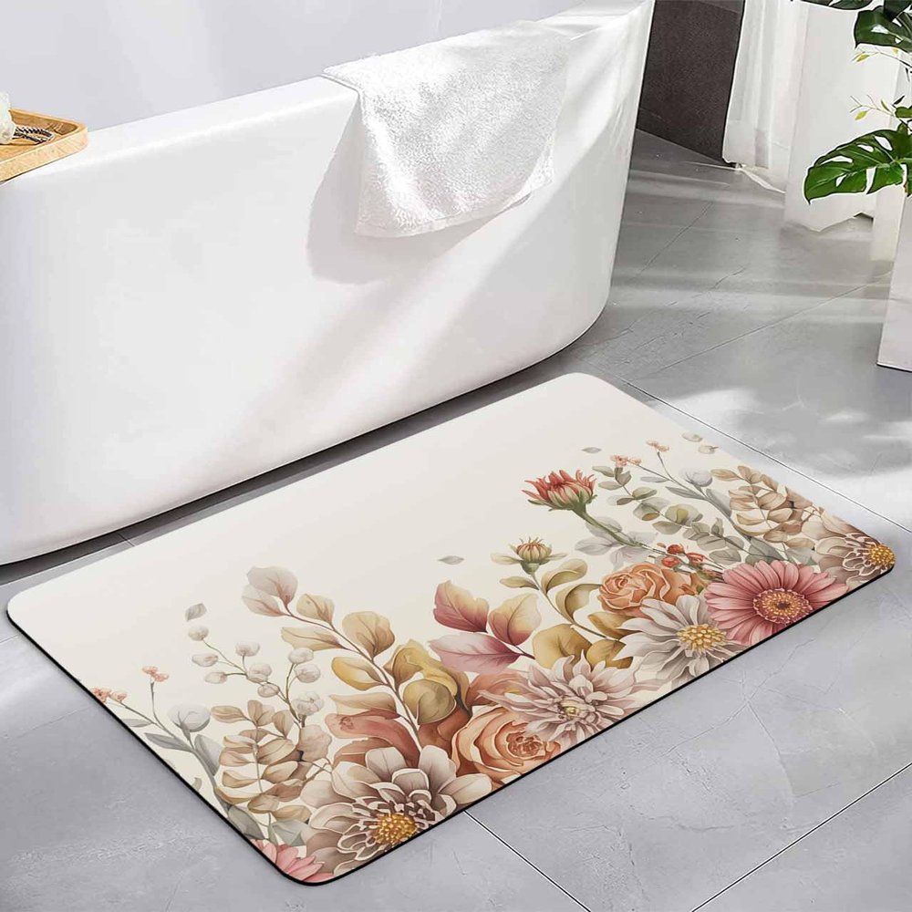 Country Eucalyptus Flowers Bath Mat for Tub,Non Slip Bathroom Floor Runner Rug Quick Dry & Absorbent Diatomaceous Earth Shower Sink Washable Doormat,Fall Farmhouse Leaves Rose Dahlia Floral 16"x24"