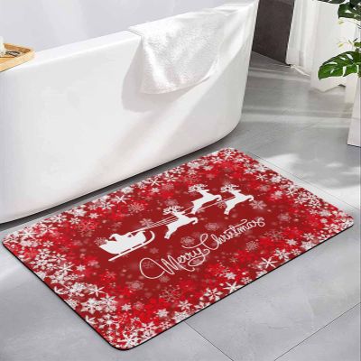 Christmas Bath Mat for Tub,Non Slip Bathroom Floor Runner Rug Quick Dry & Absorbent Diatomaceous Earth Shower Sink Kitchen Living Room Washable Doormat,Winter Red Snowman Tree Elk Snowflakes 18"x30"