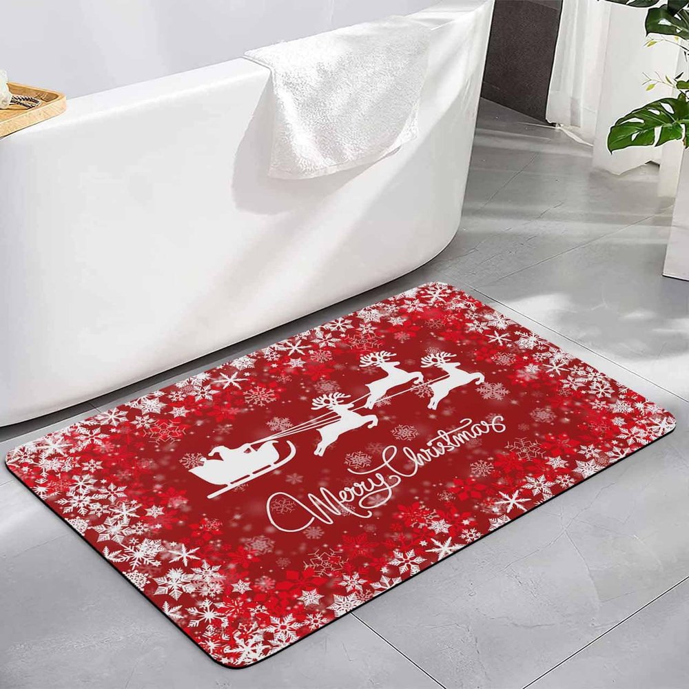 Christmas Bath Mat for Tub,Non Slip Bathroom Floor Runner Rug Quick Dry & Absorbent Diatomaceous Earth Shower Sink Kitchen Living Room Washable Doormat,Winter Red Snowman Tree Elk Snowflakes 18"x30"