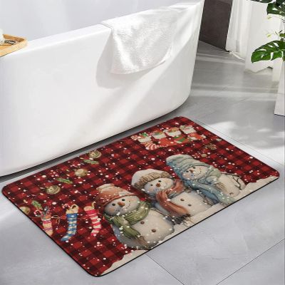 Christmas Bath Mat for Tub,Non Slip Bathroom Floor Runner Rug Quick Dry & Absorbent Diatomaceous Earth Kitchen Room Shower Sink Washable Doormat,Red Buffalo Plaid Snowflake Snowman Stocking 18"x30"