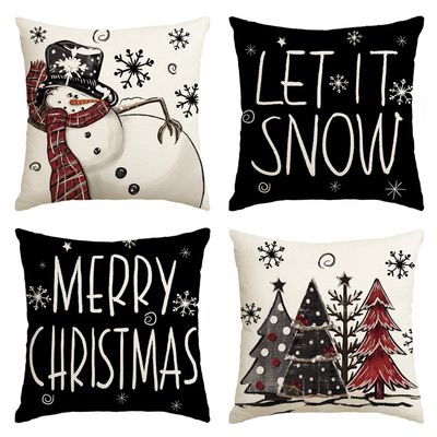 AVOIN colorlife Merry Christmas Snowman Let It Snow Black Throw Pillow Covers, 20 x 20 Inch Xmas Tree Winter Holiday Cushion Case Decoration for Sofa Couch Set of 4