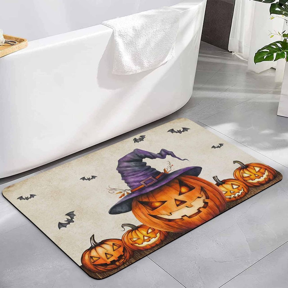 Horror Halloween Bath Mat for Tub,Non Slip Bathroom Floor Runner Rug Quick Dry & Absorbent Diatomaceous Earth Kitchen Room Shower Sink Washable Doormat,Skull Pumpkin Bat Berry Purple Orange 18"x30"