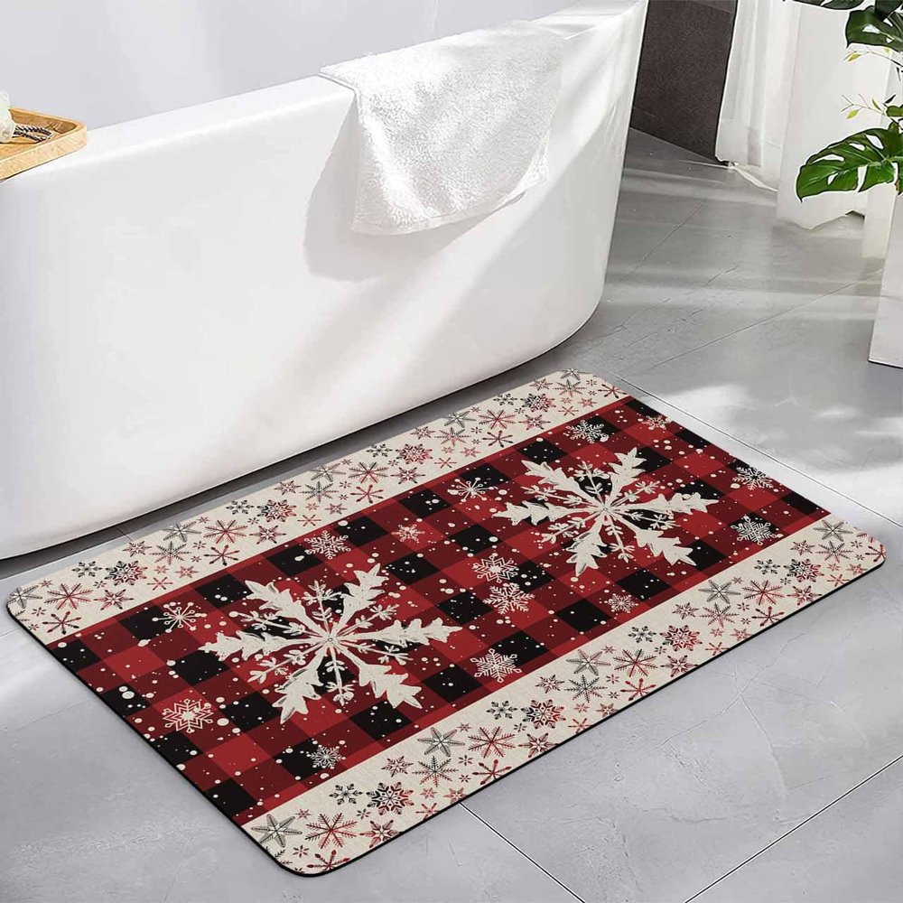 Christmas Snowflake Bath Mat for Tub,Non Slip Bathroom Floor Runner Rug Quick Dry & Absorbent Diatomaceous Earth Kitchen Room Shower Sink Washable Doormat,Buffalo Plaid Checkered Red Black 16"x24"