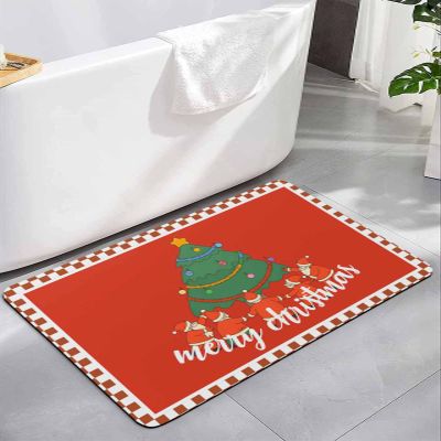 Christmas Bath Mat for Tub,Non Slip Bathroom Floor Runner Rug Quick Dry & Absorbent Diatomaceous Earth Shower Sink Kitchen Living Room Washable Doormat,Red Xmas Tree Santa Winter Farmhouse 18"x30"