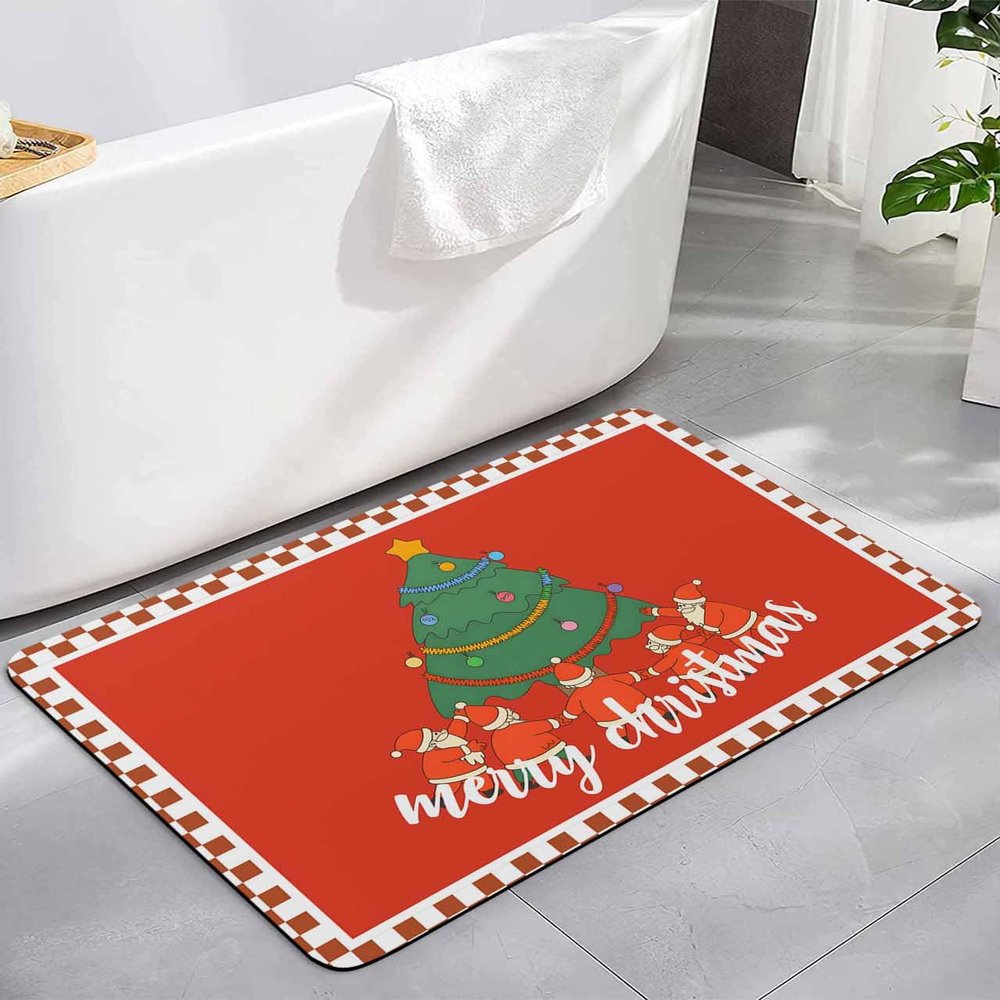 Christmas Bath Mat for Tub,Non Slip Bathroom Floor Runner Rug Quick Dry & Absorbent Diatomaceous Earth Shower Sink Kitchen Living Room Washable Doormat,Red Xmas Tree Santa Winter Farmhouse 18"x30"