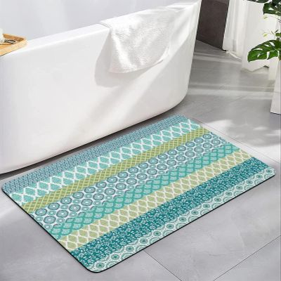 Bohemia Bath Mat for Tub,Non Slip Bathroom Floor Runner Rug Quick Dry & Absorbent Diatomaceous Earth Kitchen Room Shower Sink Washable Doormat,Geometric Blue Green Turquoise Stripe Flower 18"x30"