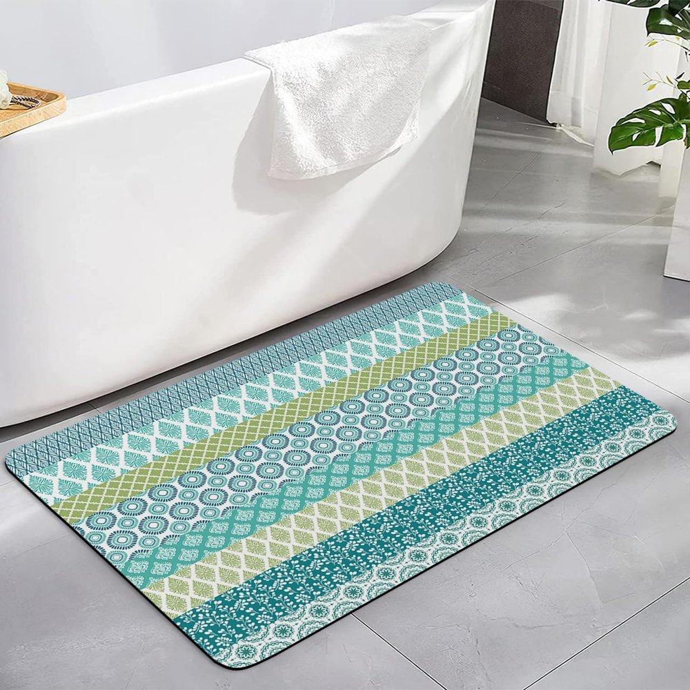 Bohemia Bath Mat for Tub,Non Slip Bathroom Floor Runner Rug Quick Dry & Absorbent Diatomaceous Earth Kitchen Room Shower Sink Washable Doormat,Geometric Blue Green Turquoise Stripe Flower 18"x30"
